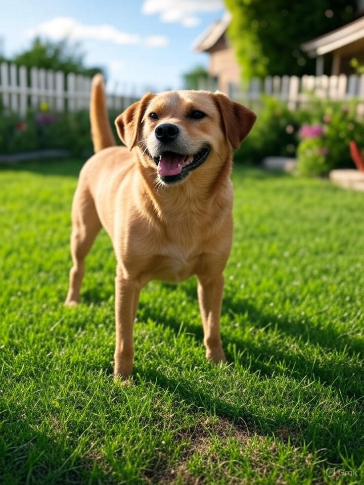 Dog poop cleanup in a clean Shawnee, OK backyard with happy dog